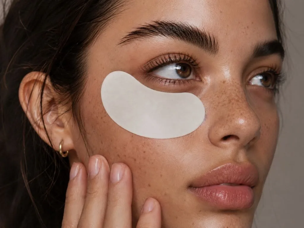 Nahaufnahme eines Gesichts mit gepflegten Wimpern, definierten Augenbrauen und einem Augenpad unter dem Auge.