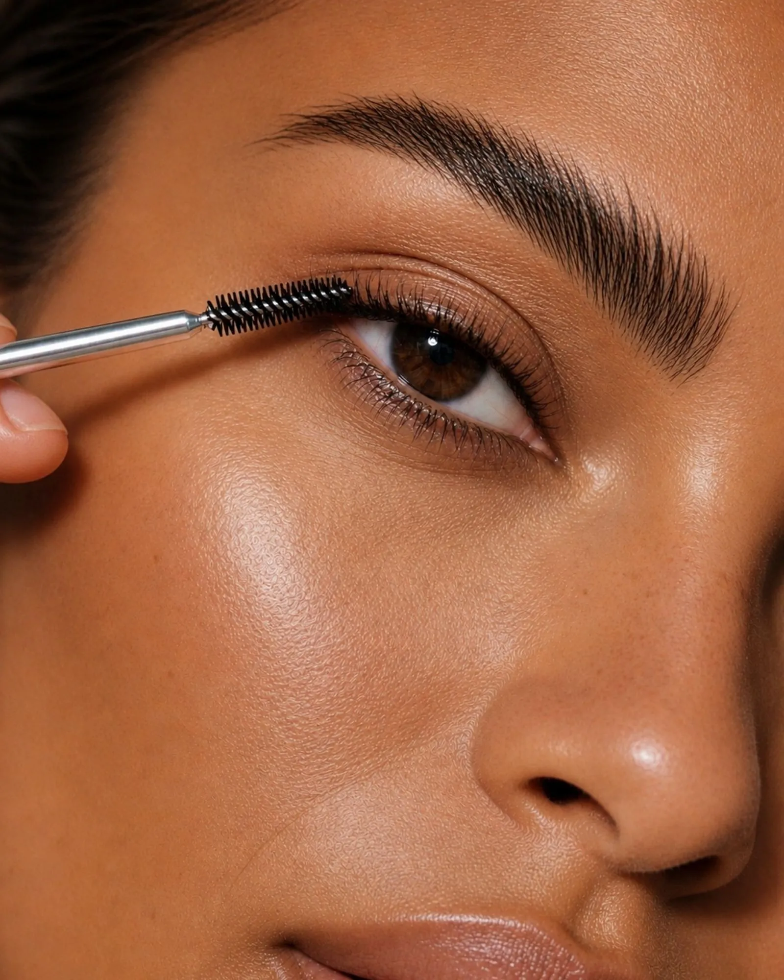 Nahaufnahme eines Auges mit dichten Wimpern und definierten Augenbrauen, die mit einem Bürstchen in Form gebracht werden.